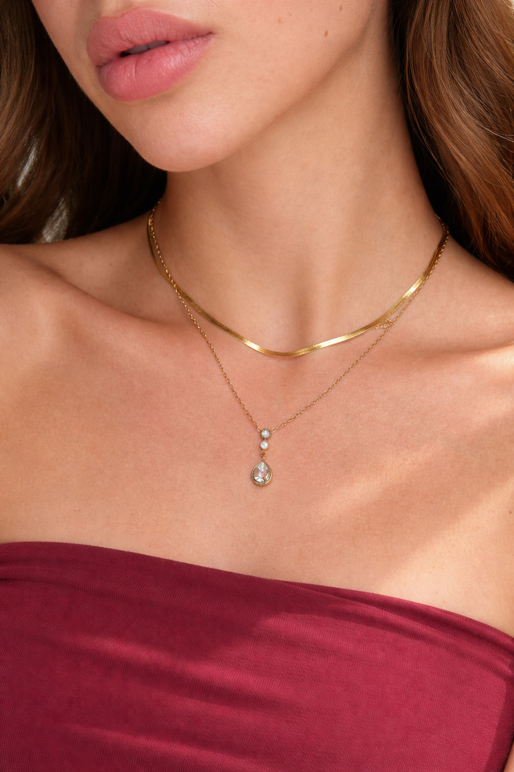 Gold Flat & Crystal Drop Double Necklace