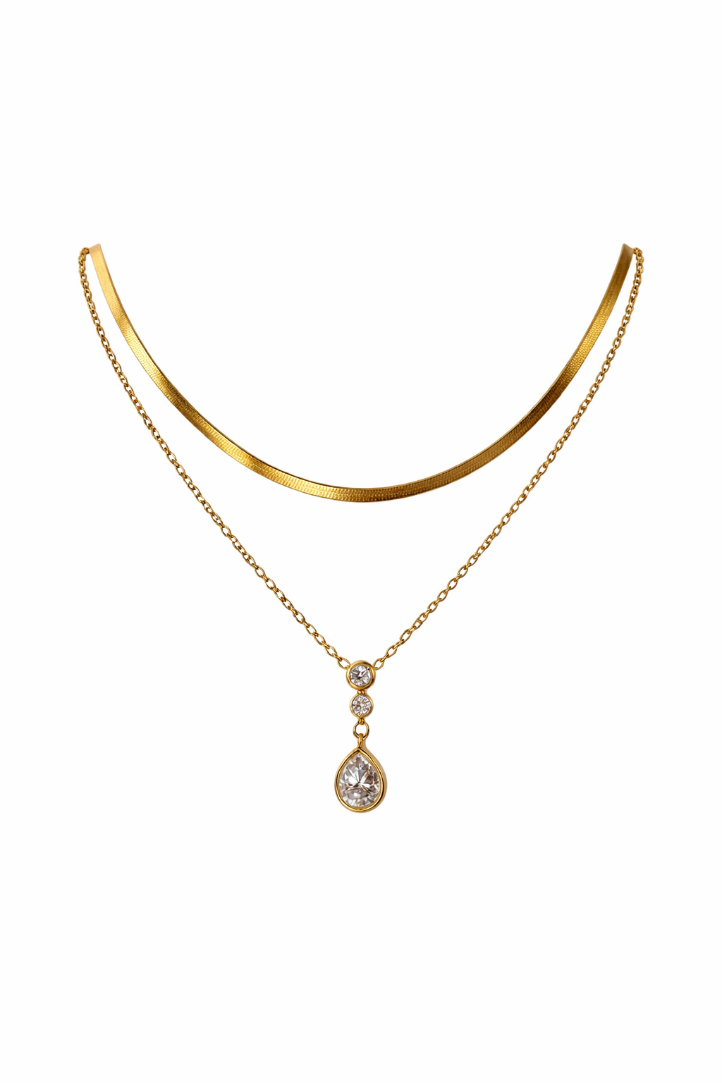 Gold Flat & Crystal Drop Double Necklace