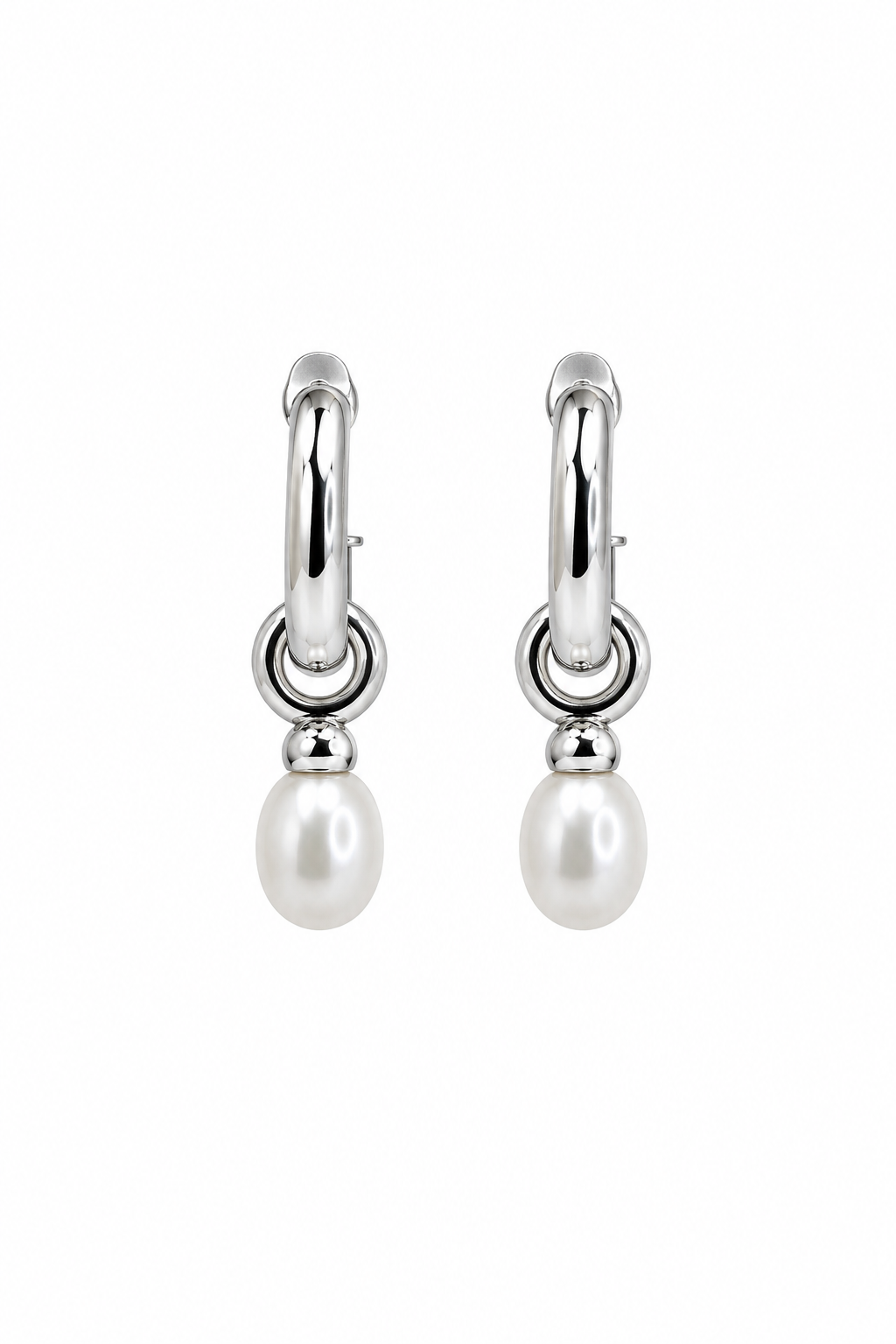 Aria Pearl Drop Hoop Earrings — Silver