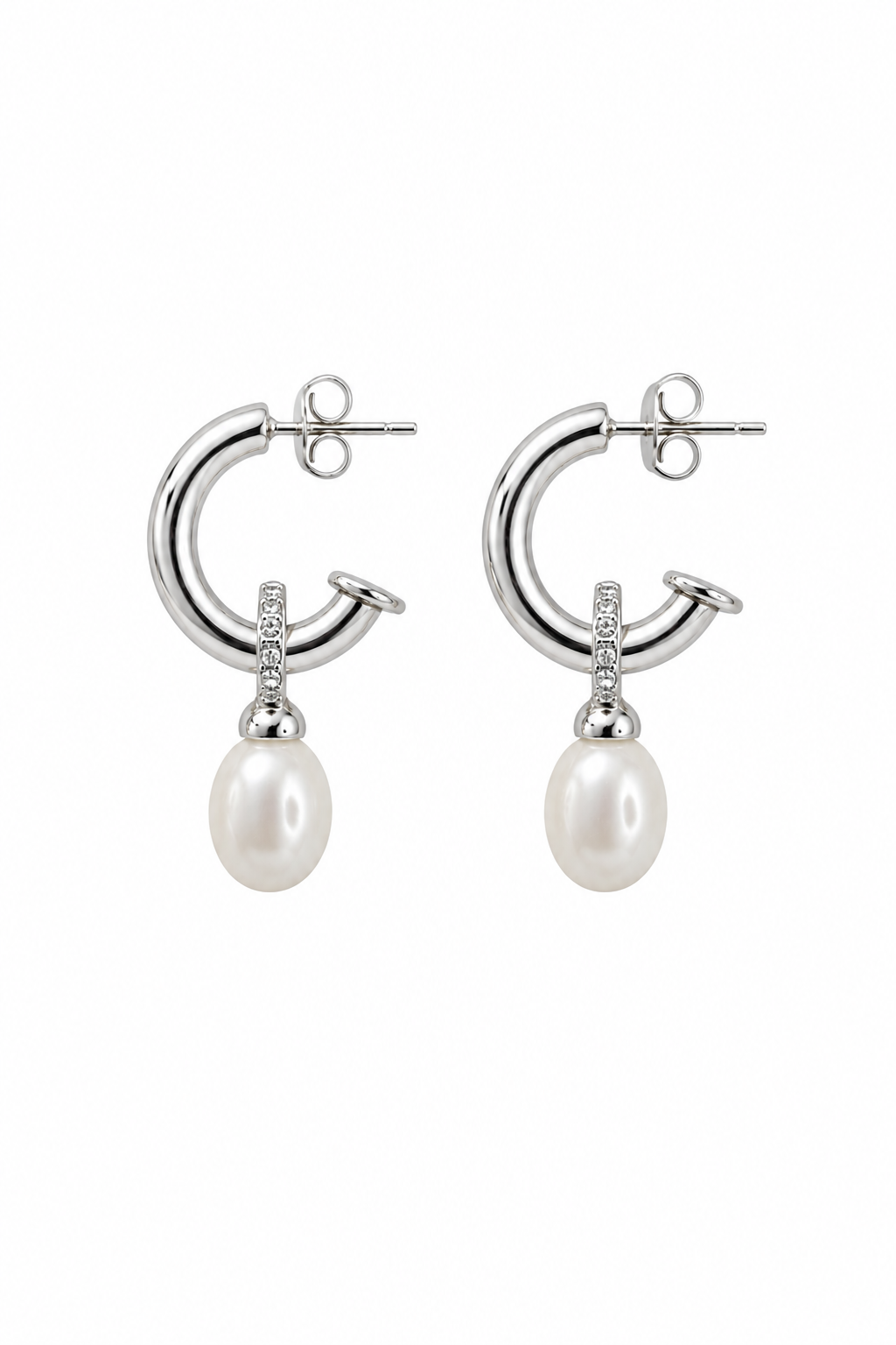 Aria Pearl Drop Hoop Earrings — Silver