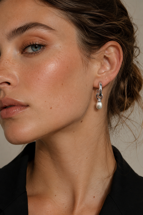 Aria Pearl Drop Hoop Earrings — Silver