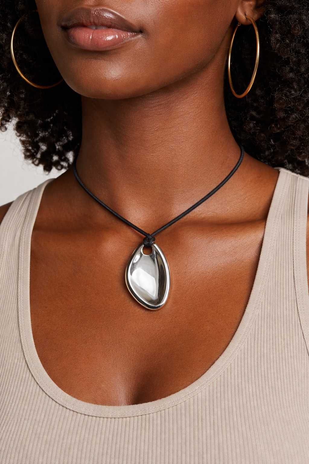 Polished Pebble Pendant Cord Necklace — Silver