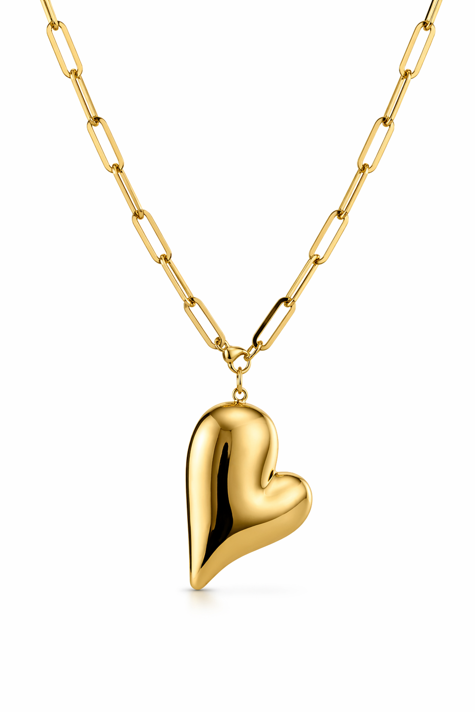 Gold heart-shaped pendant on a gold chain against a white background