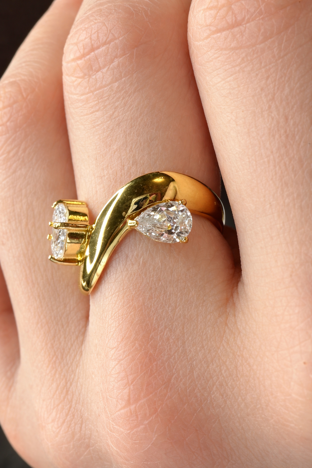 Dual Crystal Bypass Ring with Cubic Zircon Stones