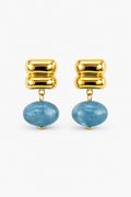 Gold earrings with blue stones on a white background