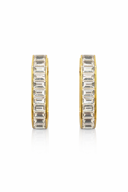 Gold hoop earrings with baguette-cut zircons on a white background