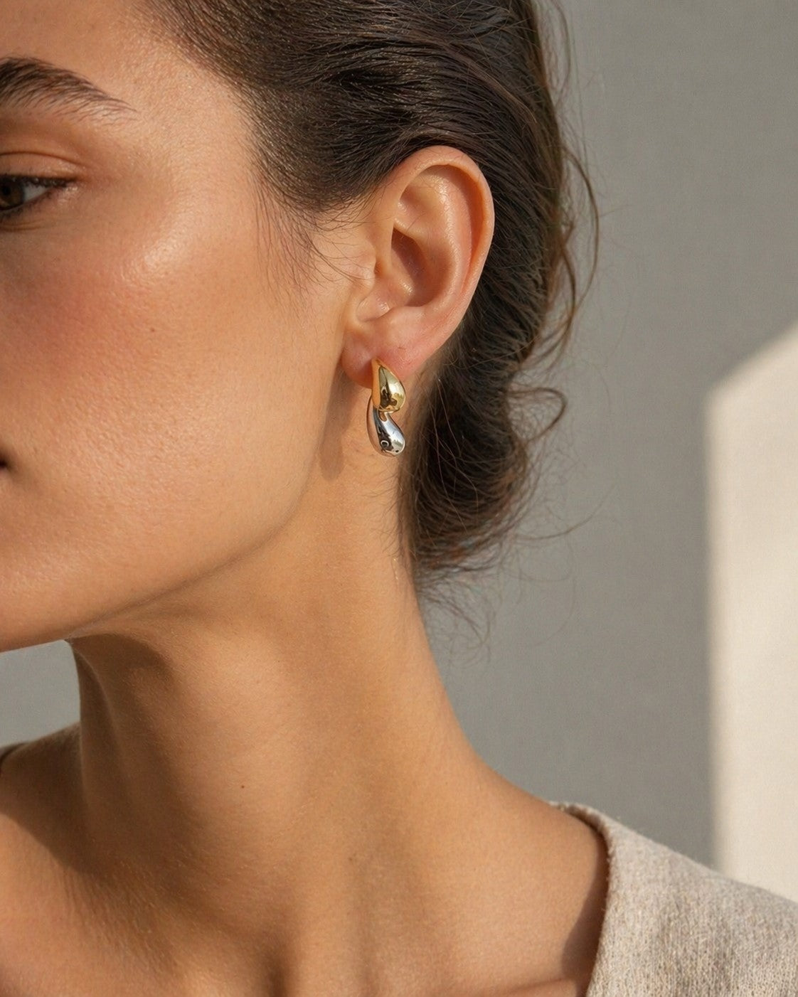 Two-Tone Double Teardrop Drop Stud Earrings