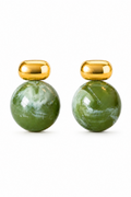 Pair of green marble earrings with gold tops on a white background