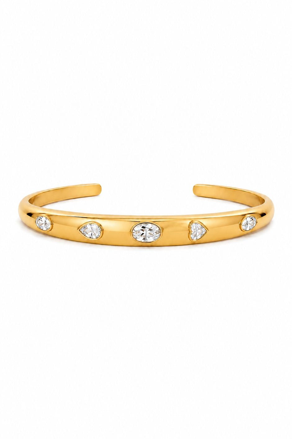 Gold bracelet with embedded diamonds on a white background