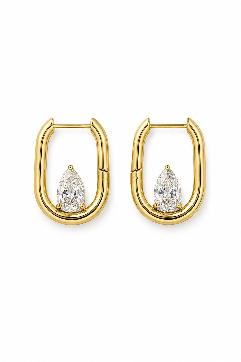 Gold hoop earrings with pear-shaped gemstones on a white background