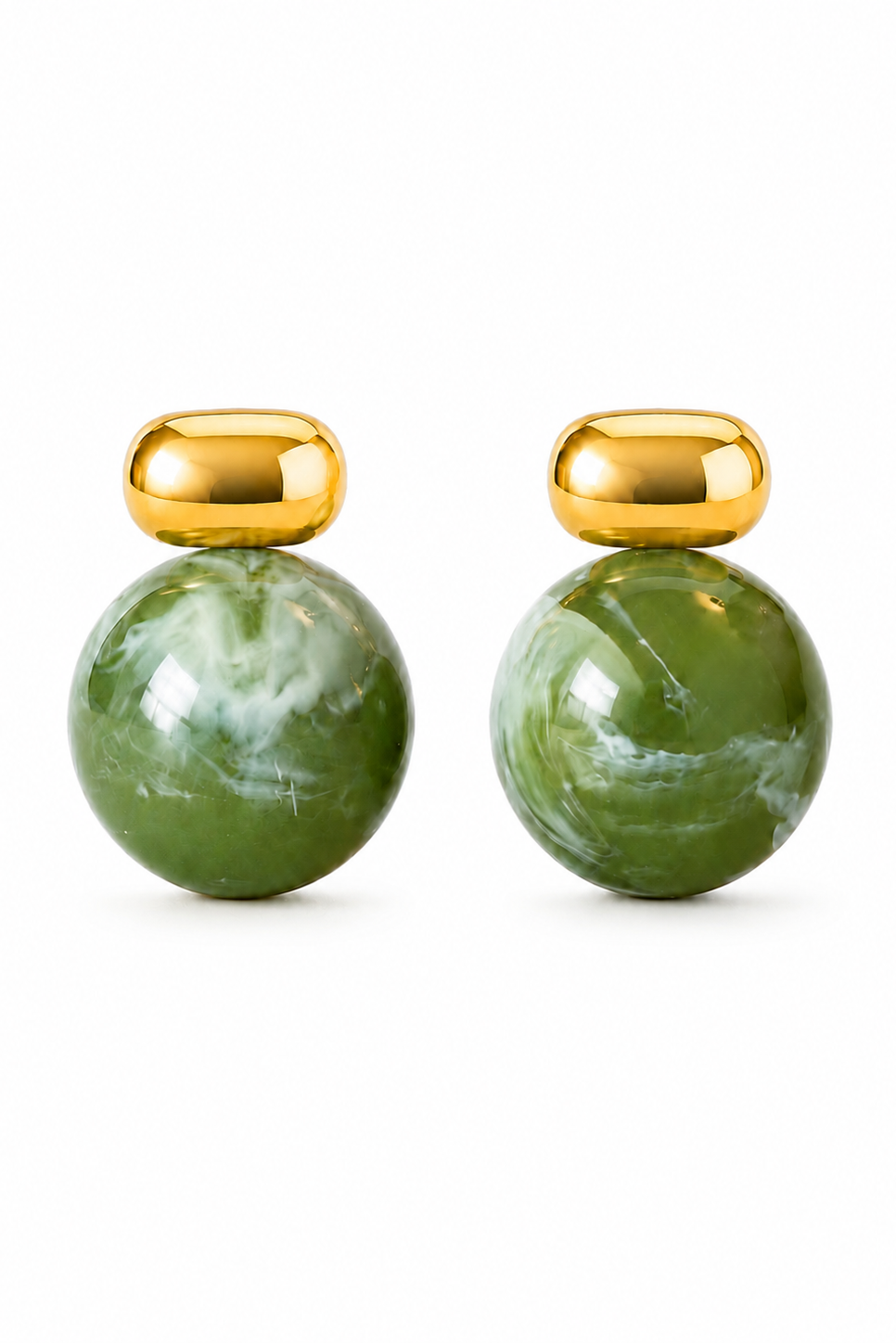Pair of green marble earrings with gold tops on a white background
