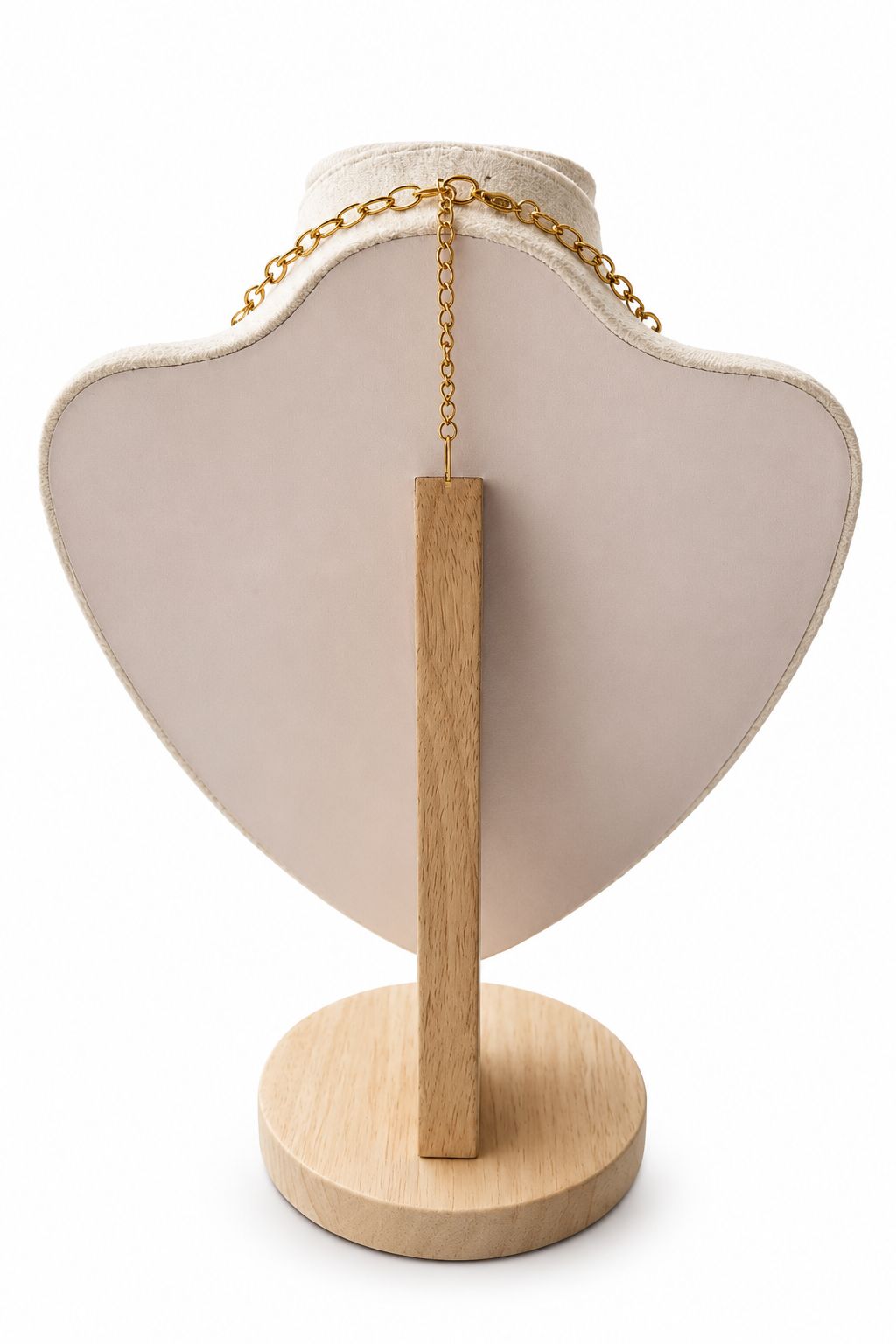 Beige jewelry display stand with a wooden base and gold chain on a white background