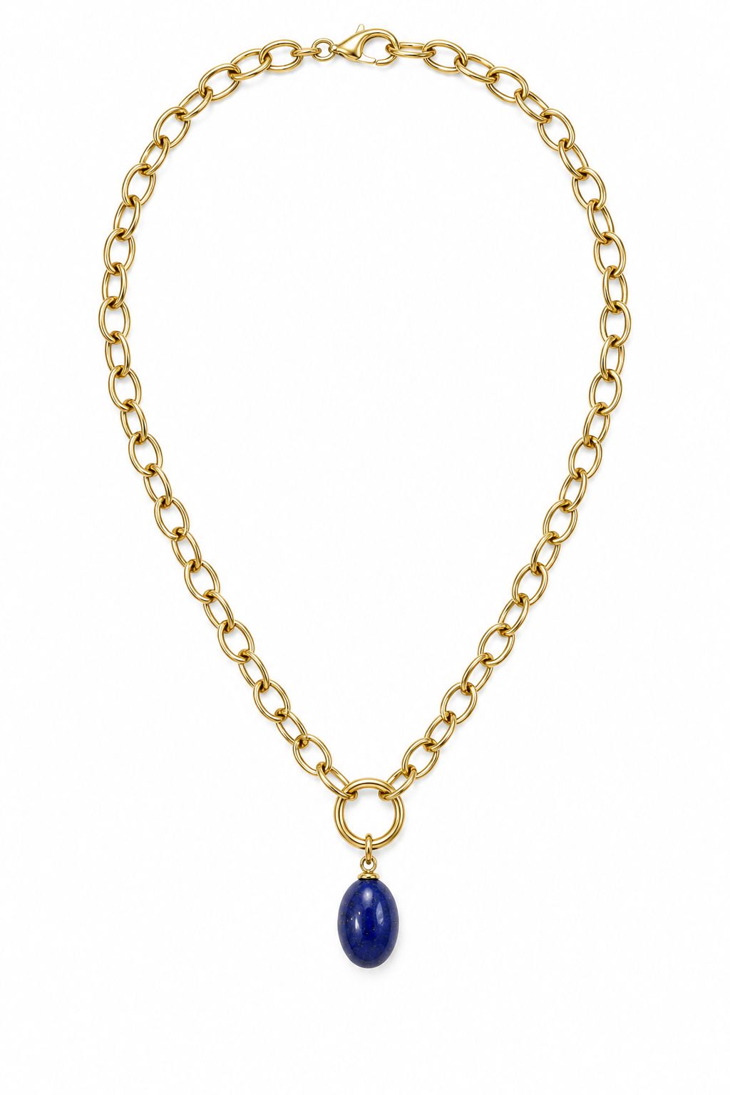 Gold chain necklace with a blue pendant on a white background