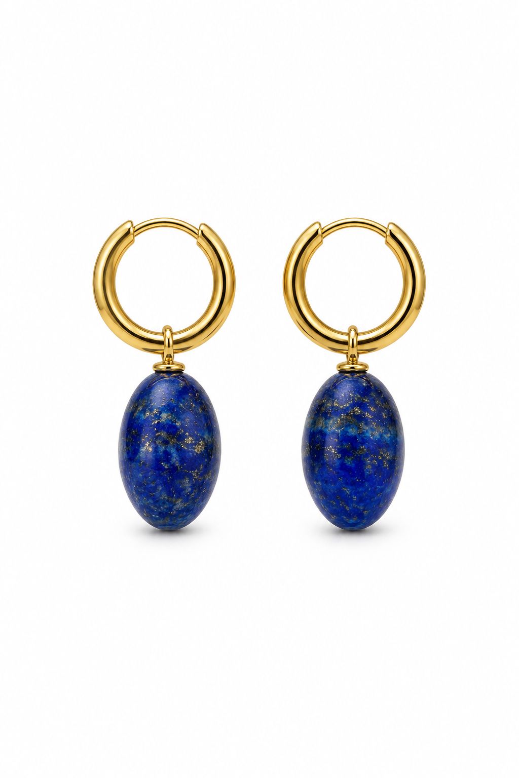 Gold hoop earrings with blue stones on a white background