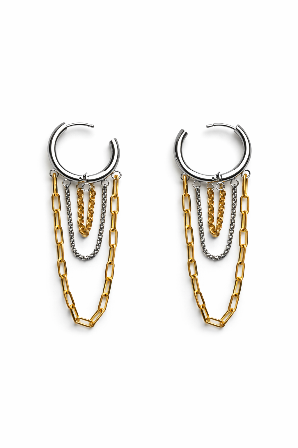 Pair of hoop earrings with chain extensions showing closure on a white background