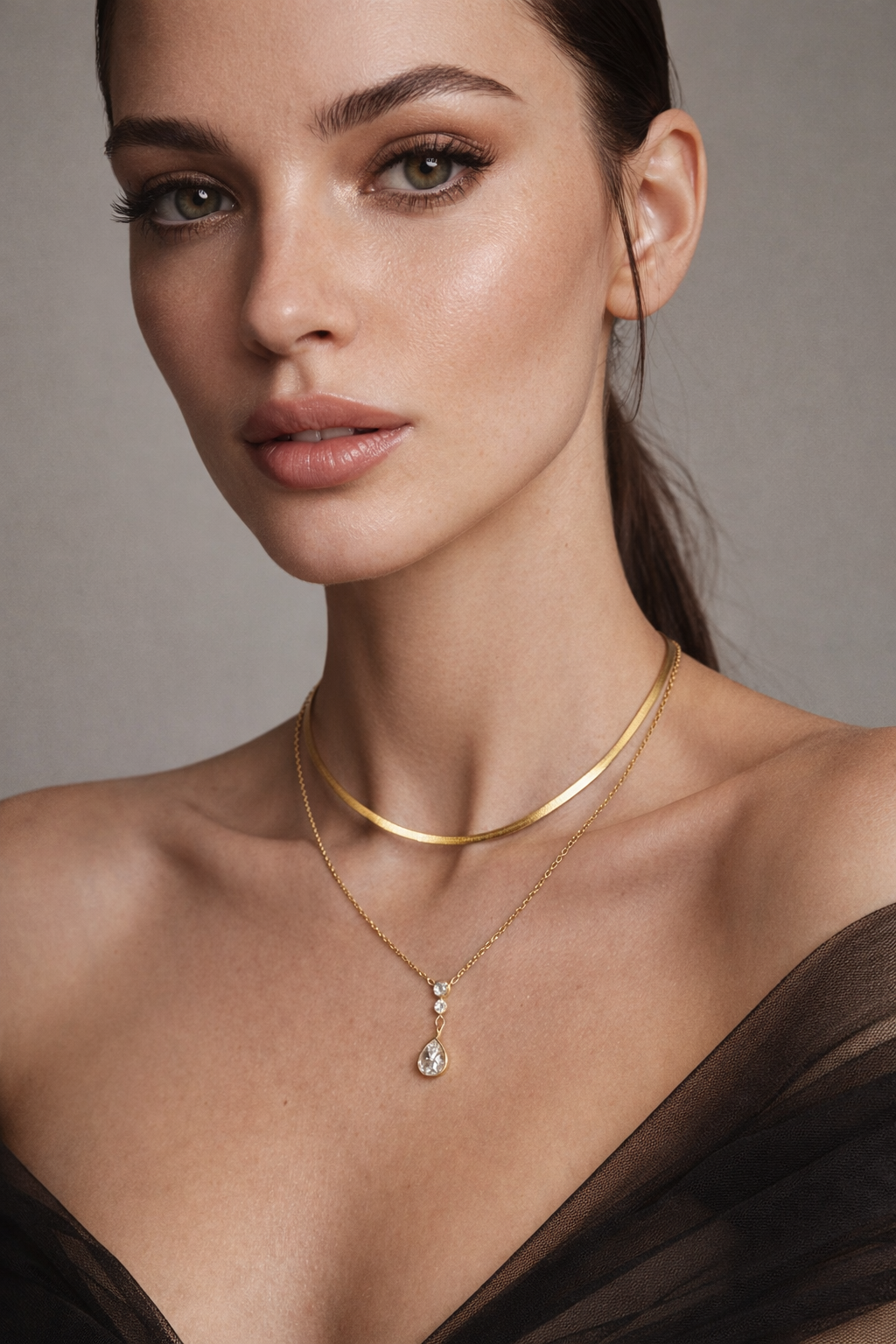 Gold Flat & Crystal Drop Double Necklace