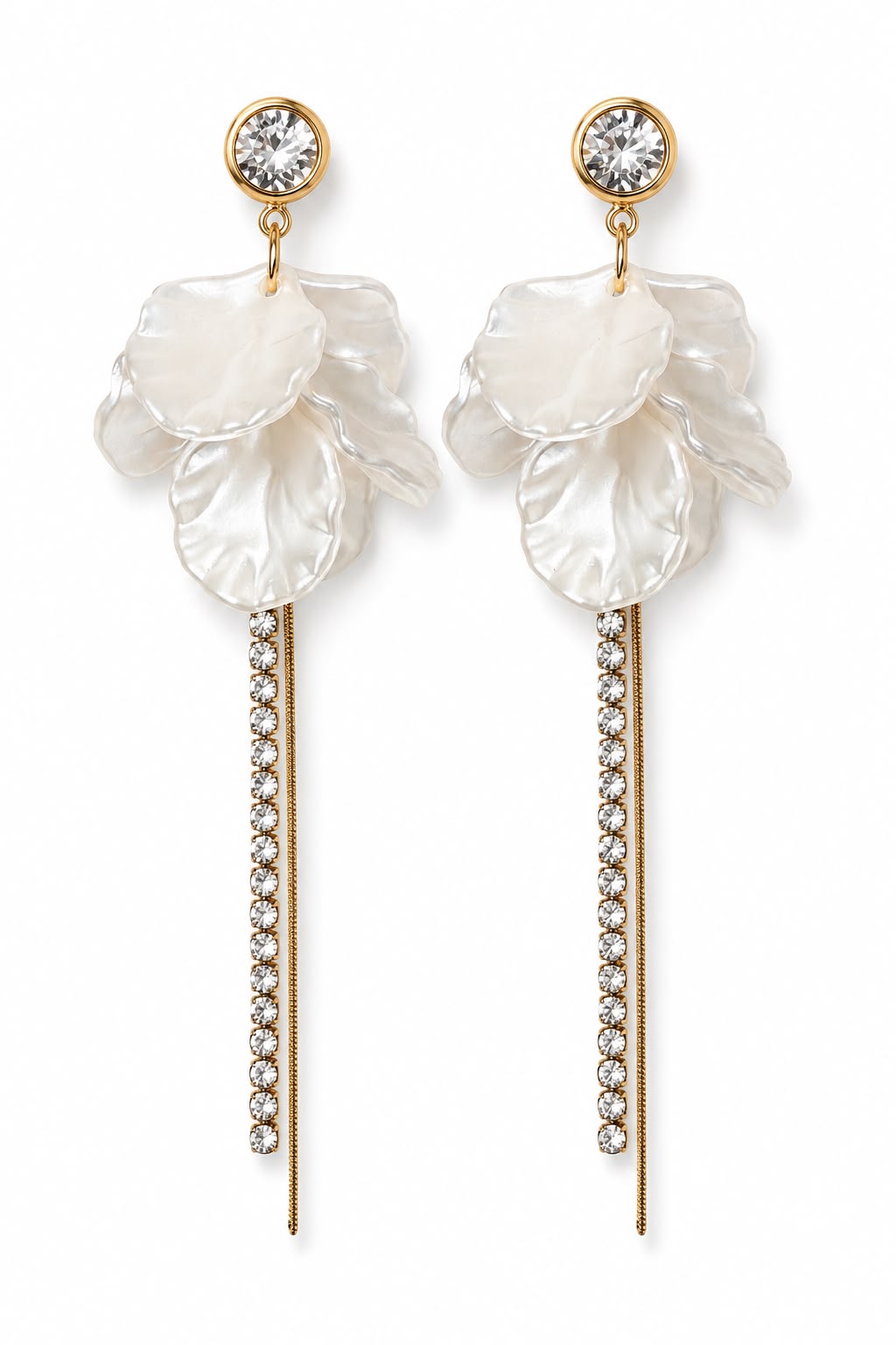 Floral earrings with pearl-like flowers and crystal accents on a white background