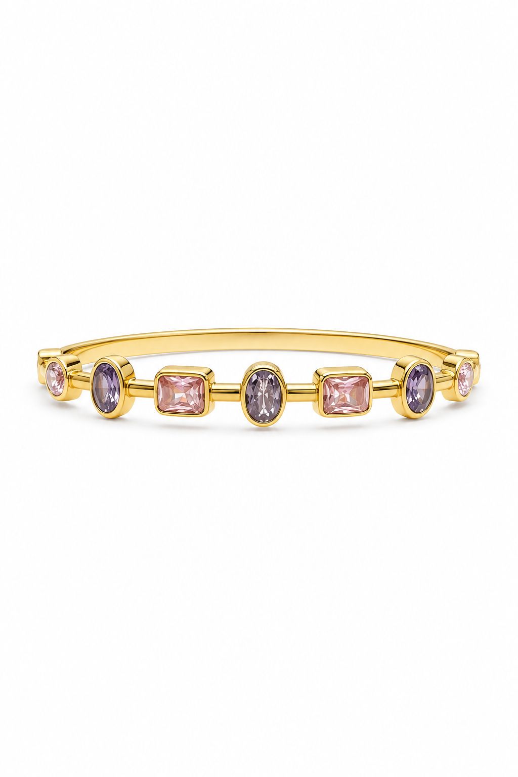 Golden bracelet with colorful gemstones on a white background