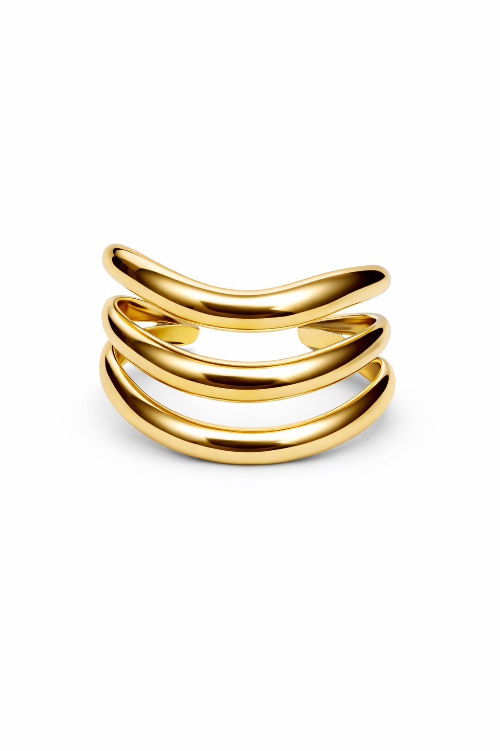 Gold-plated bracelet with multiple curved bands on a white background