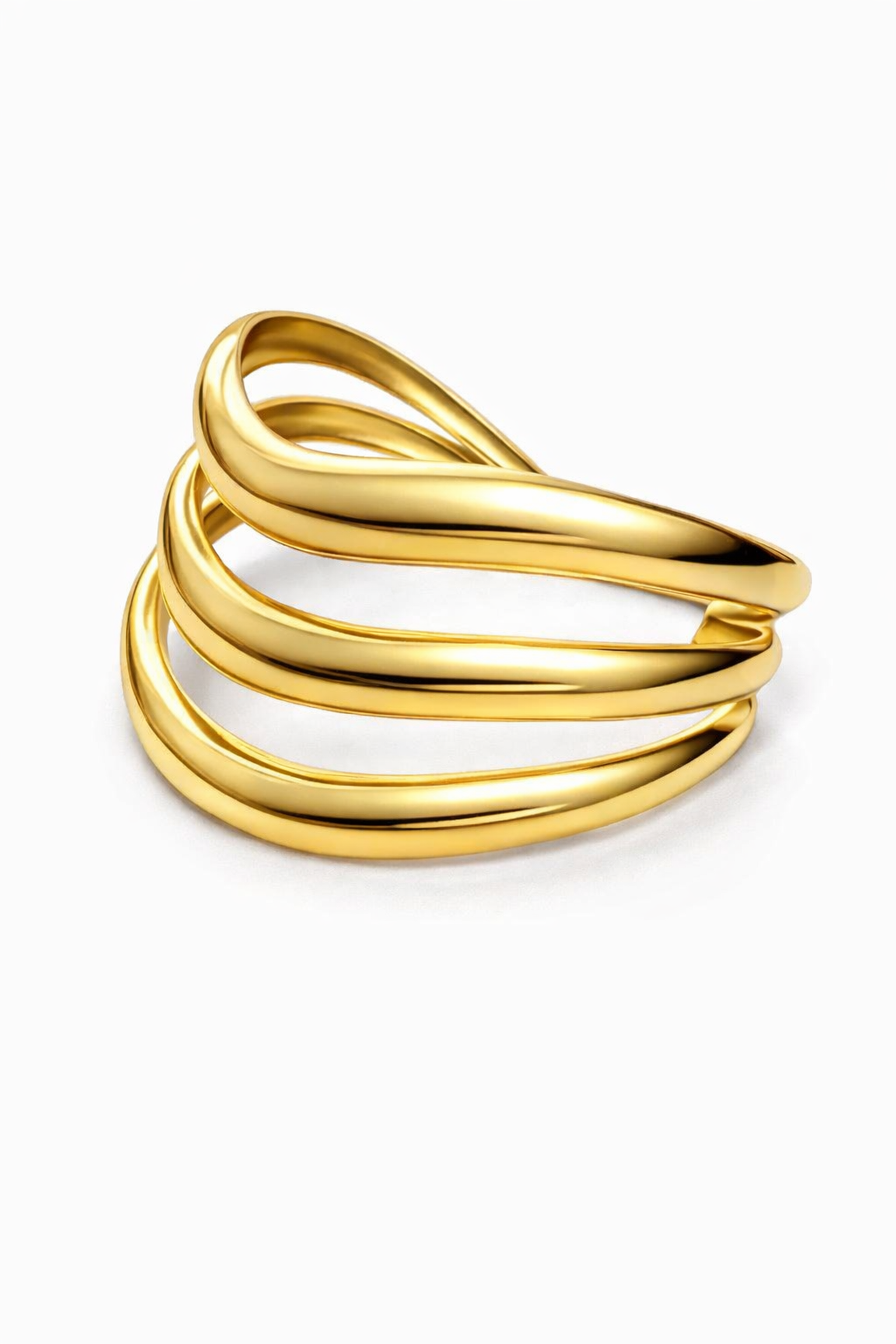 Gold-plated triple bracelet with curved bands on a white background
