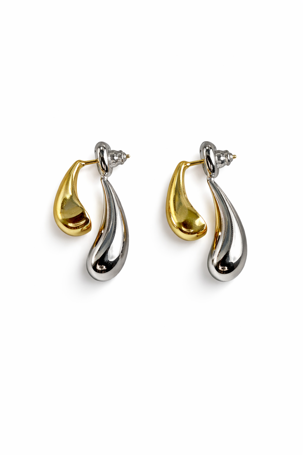 Two-Tone Double Teardrop Drop Stud Earrings